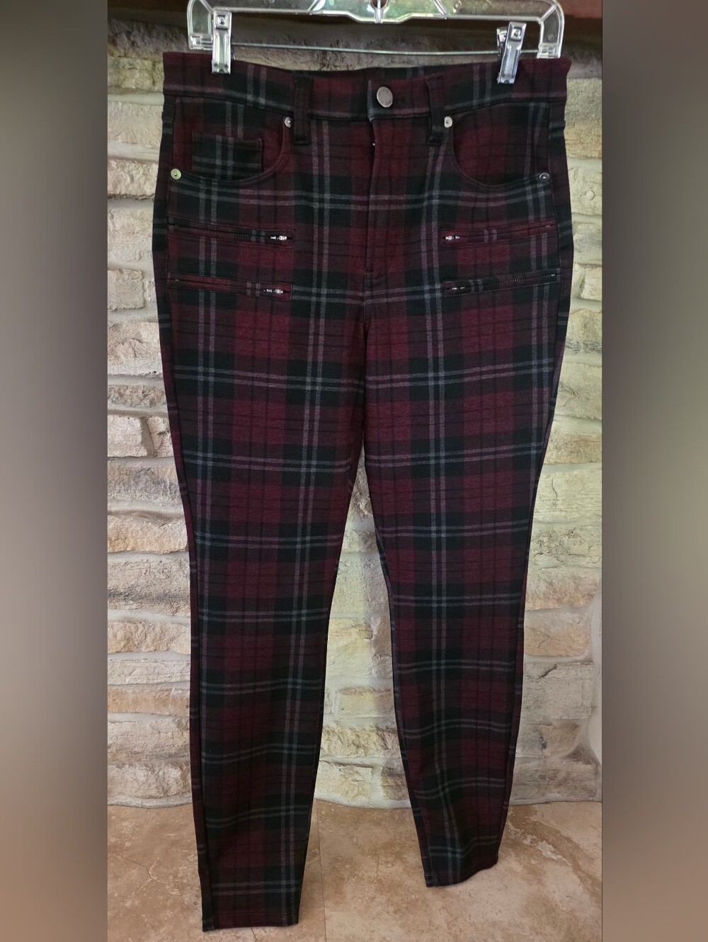Blank NYC Burgundy and Black Plaid Skinny Trousers